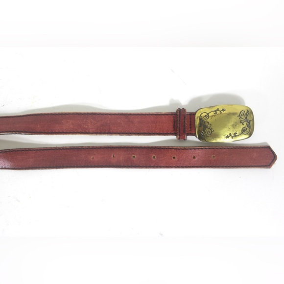 Vintage Red Leather Belt with Gold Statement Buckle Made in USA Black Topstitchi - Picture 4 of 10